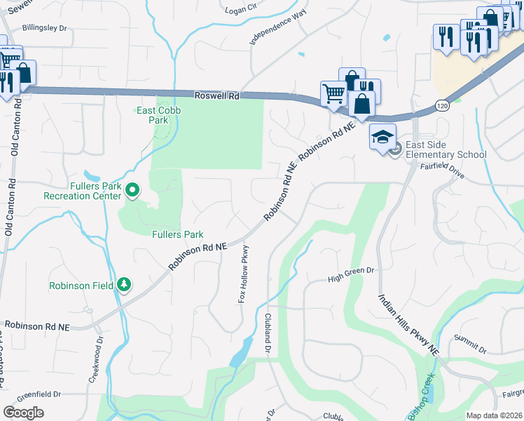 map of restaurants, bars, coffee shops, grocery stores, and more near 3622 Robinson Walk Drive in Marietta