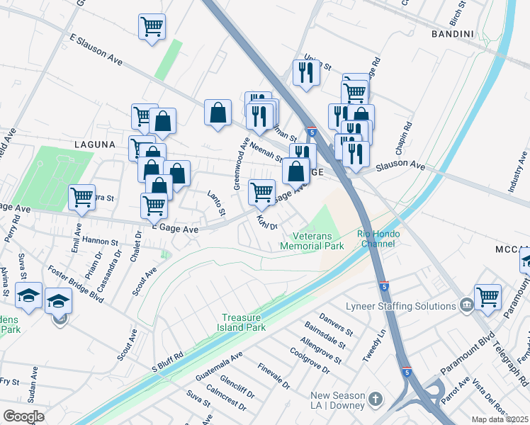 map of restaurants, bars, coffee shops, grocery stores, and more near 7092 East Gage Avenue in Commerce