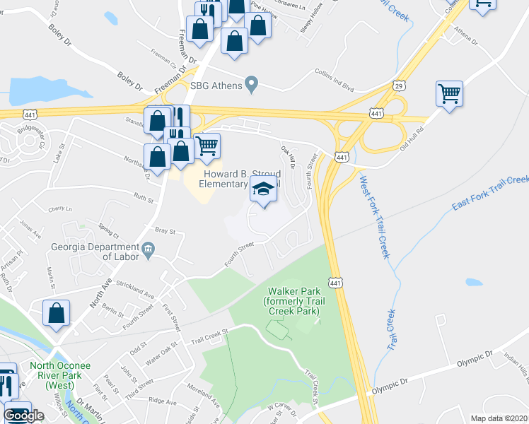 map of restaurants, bars, coffee shops, grocery stores, and more near 715 Fourth Street in Athens