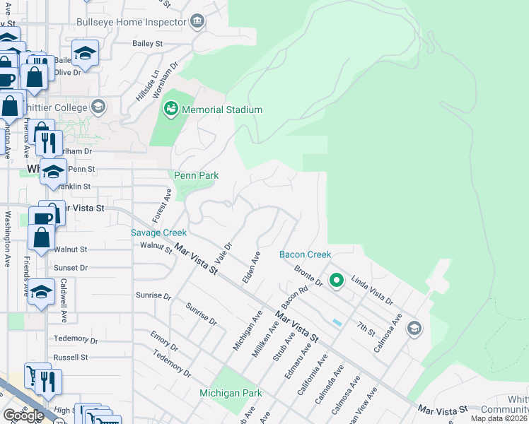 map of restaurants, bars, coffee shops, grocery stores, and more near 7714 Vale Drive in Whittier