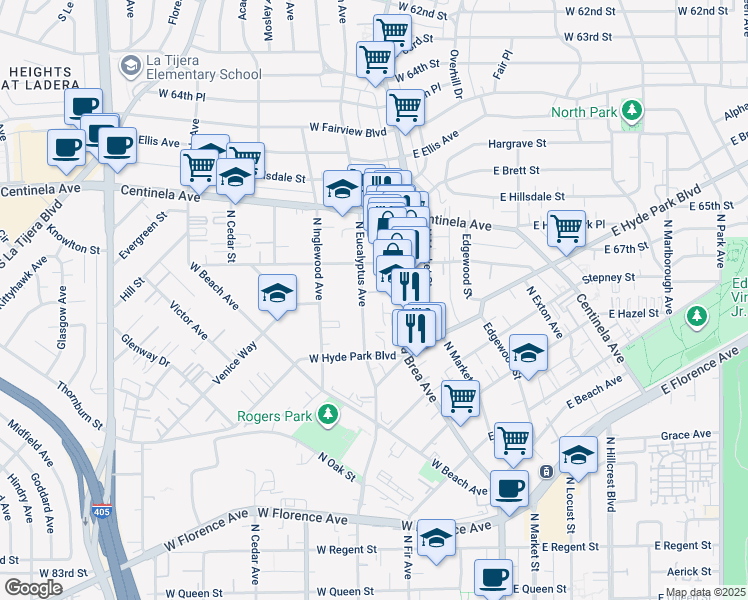 map of restaurants, bars, coffee shops, grocery stores, and more near 800 North Eucalyptus Avenue in Inglewood