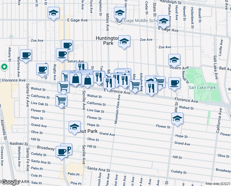 map of restaurants, bars, coffee shops, grocery stores, and more near 2864 Florence Avenue in Huntington Park