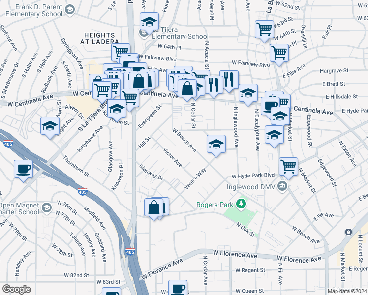 map of restaurants, bars, coffee shops, grocery stores, and more near 871 Kincaid Avenue in Inglewood