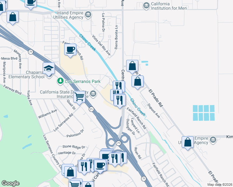 map of restaurants, bars, coffee shops, grocery stores, and more near 15370 Fairfield Ranch Road in Chino Hills