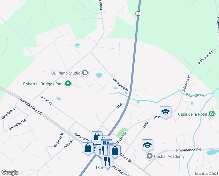 map of restaurants, bars, coffee shops, grocery stores, and more near 218 Baker Street in Statham