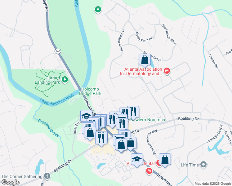 map of restaurants, bars, coffee shops, grocery stores, and more near 4190 River Bottom Drive in Norcross