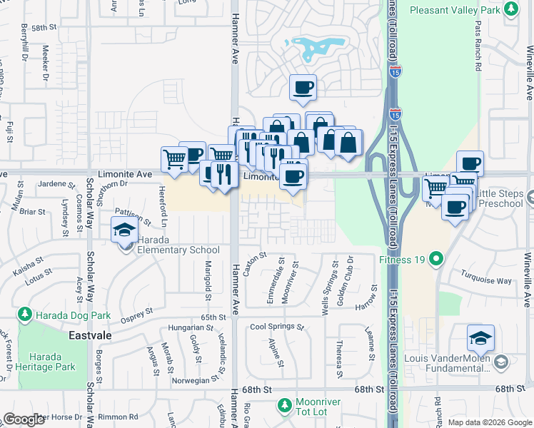 map of restaurants, bars, coffee shops, grocery stores, and more near 6313 Amadora Lane in Eastvale