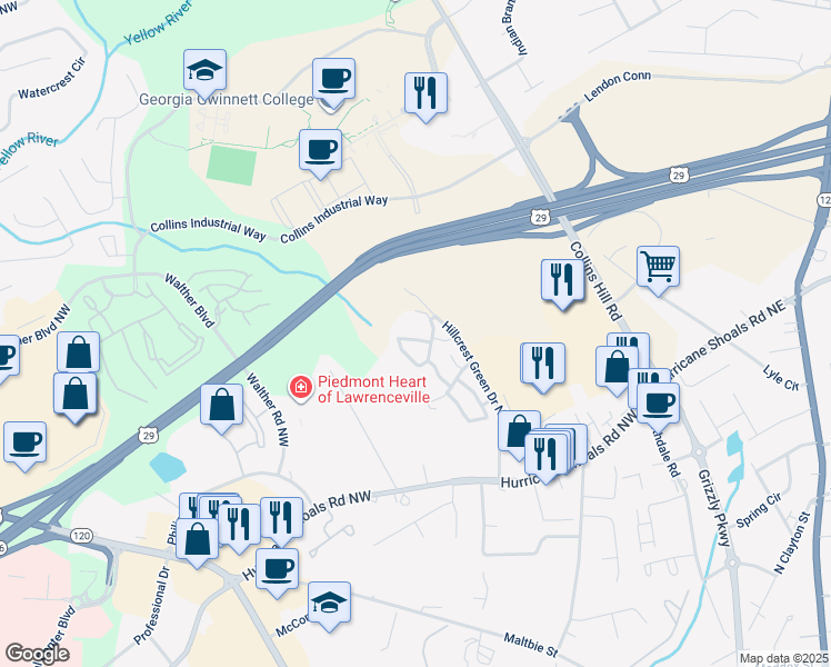 map of restaurants, bars, coffee shops, grocery stores, and more near 2712 Windy Hill Pointe Northwest in Lawrenceville