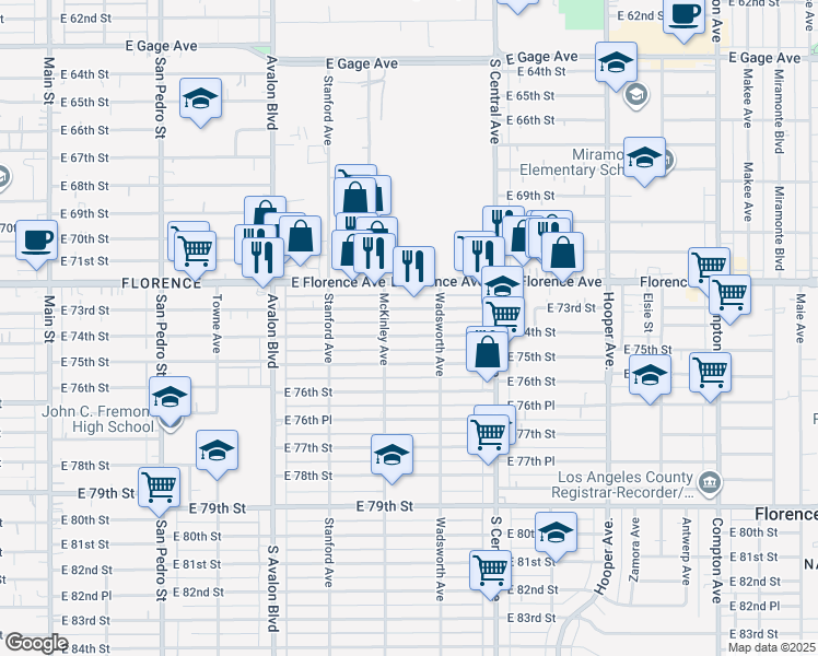 map of restaurants, bars, coffee shops, grocery stores, and more near 816 East 73rd Street in Los Angeles