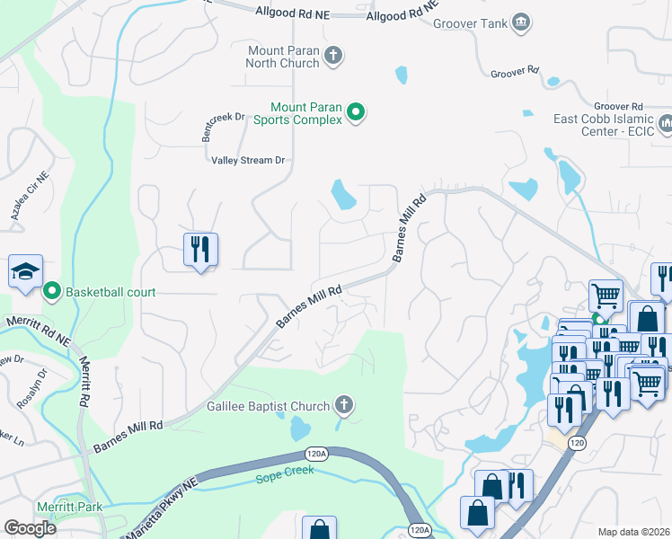 map of restaurants, bars, coffee shops, grocery stores, and more near 1663 Paddlewheel Drive Northeast in Marietta