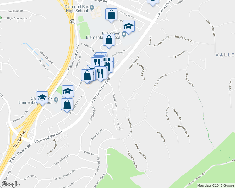 map of restaurants, bars, coffee shops, grocery stores, and more near 2831 Steeplechase Lane in Diamond Bar