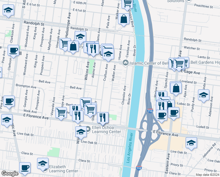 map of restaurants, bars, coffee shops, grocery stores, and more near 6719 Walker Avenue in Bell