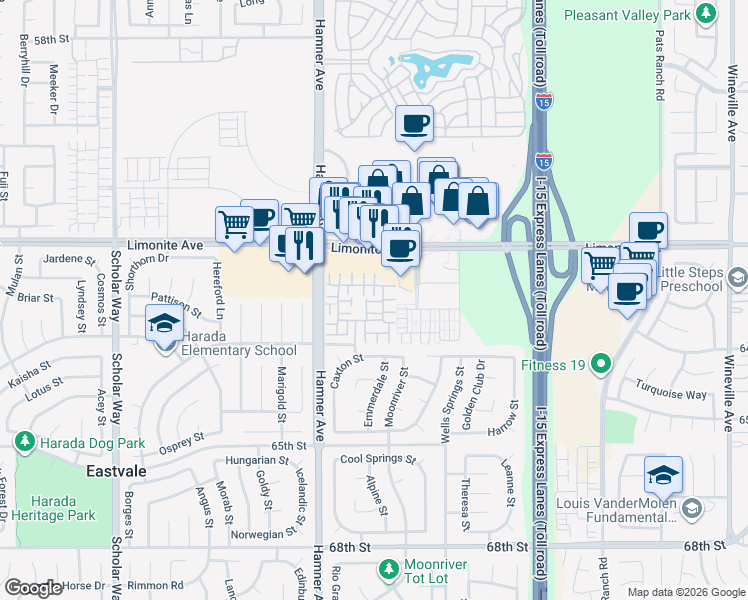 map of restaurants, bars, coffee shops, grocery stores, and more near 12500 Palmeria Lane in Eastvale