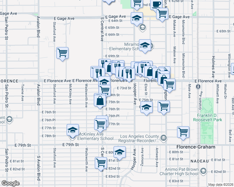 map of restaurants, bars, coffee shops, grocery stores, and more near 1213 East 74th Street in Los Angeles