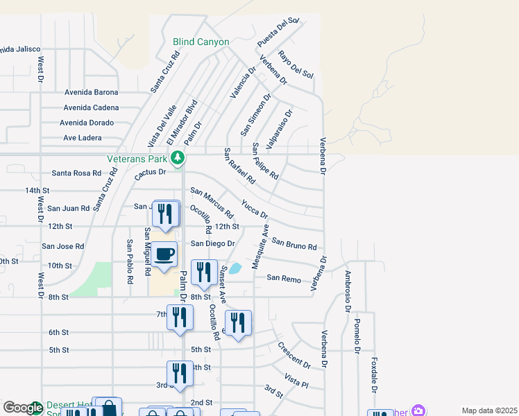 map of restaurants, bars, coffee shops, grocery stores, and more near 66766 Yucca Drive in Desert Hot Springs