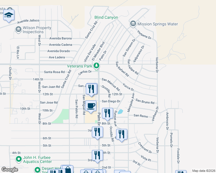 map of restaurants, bars, coffee shops, grocery stores, and more near 66540 Ocotillo Road in Desert Hot Springs