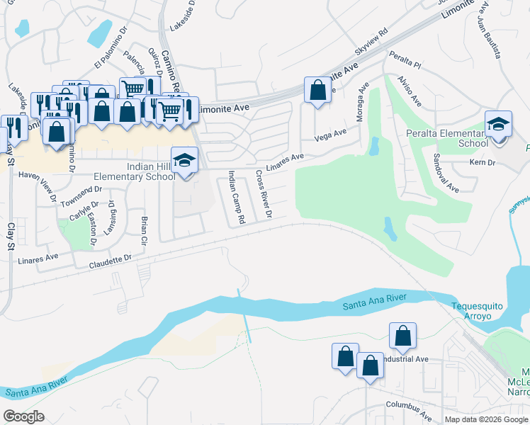 map of restaurants, bars, coffee shops, grocery stores, and more near 6317 Cross River Drive in Riverside