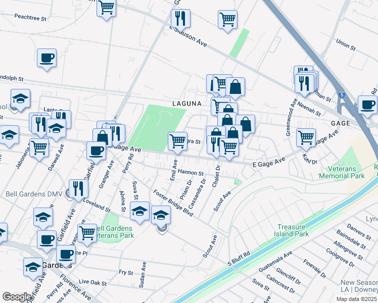 map of restaurants, bars, coffee shops, grocery stores, and more near 6712 1/2 Agra Street in Commerce