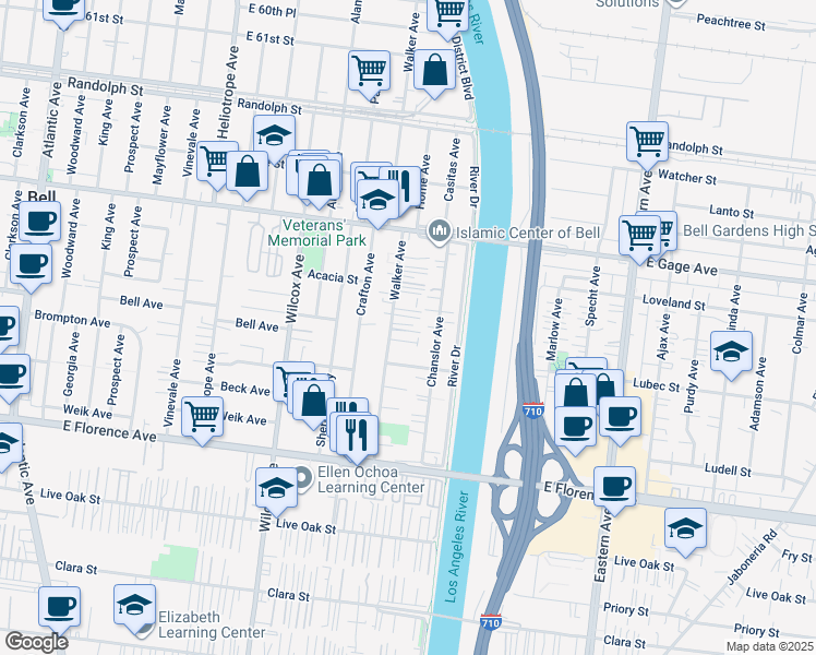map of restaurants, bars, coffee shops, grocery stores, and more near 6704 Walker Avenue in Bell