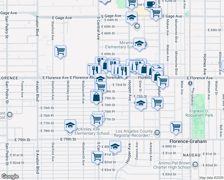 map of restaurants, bars, coffee shops, grocery stores, and more near 1213 East 74th Street in Los Angeles