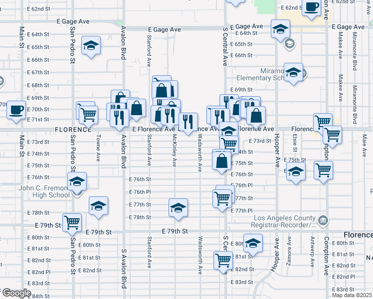 map of restaurants, bars, coffee shops, grocery stores, and more near 816 East 73rd Street in Los Angeles