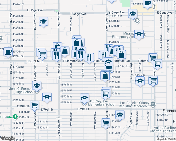 map of restaurants, bars, coffee shops, grocery stores, and more near 816 East 73rd Street in Los Angeles