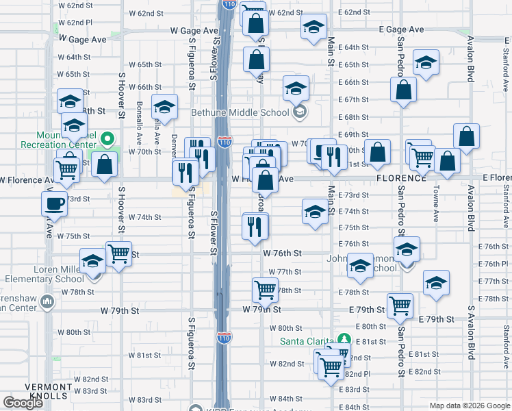 map of restaurants, bars, coffee shops, grocery stores, and more near 7300 South Broadway in Los Angeles