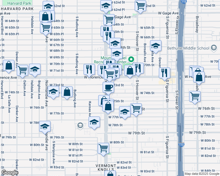map of restaurants, bars, coffee shops, grocery stores, and more near 7300 Vermont Avenue in Los Angeles