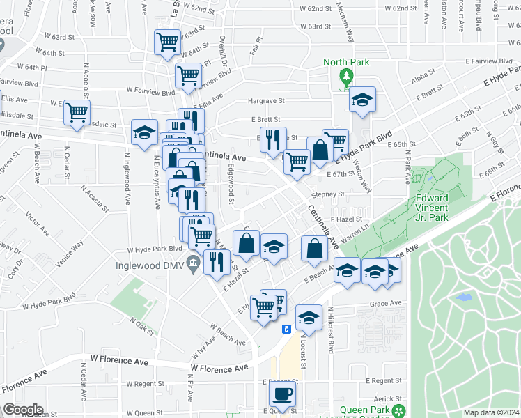 map of restaurants, bars, coffee shops, grocery stores, and more near 324 East Hyde Park Boulevard in Inglewood