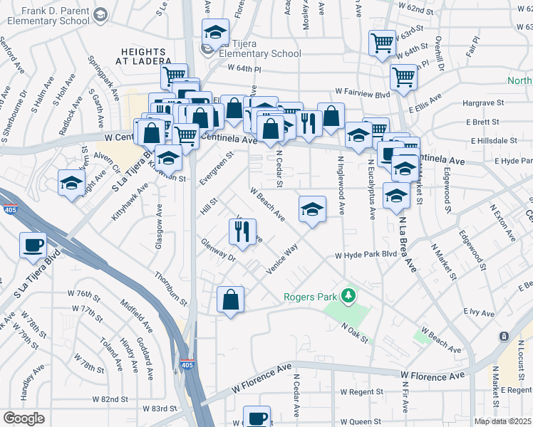 map of restaurants, bars, coffee shops, grocery stores, and more near 871 Kincaid Avenue in Inglewood
