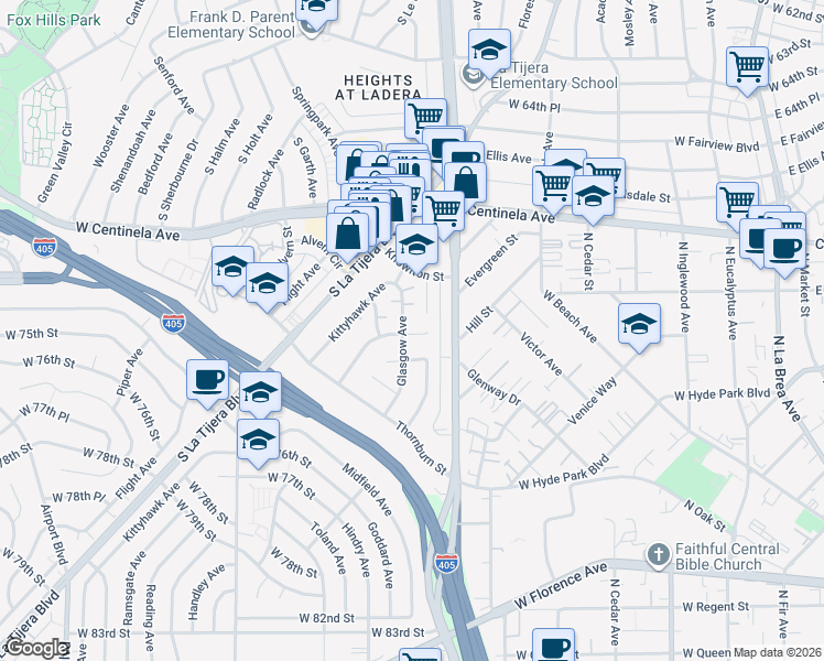 map of restaurants, bars, coffee shops, grocery stores, and more near 7015 1/2 Glasgow Avenue in Los Angeles