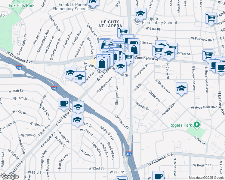 map of restaurants, bars, coffee shops, grocery stores, and more near 7015 1/2 Glasgow Avenue in Los Angeles