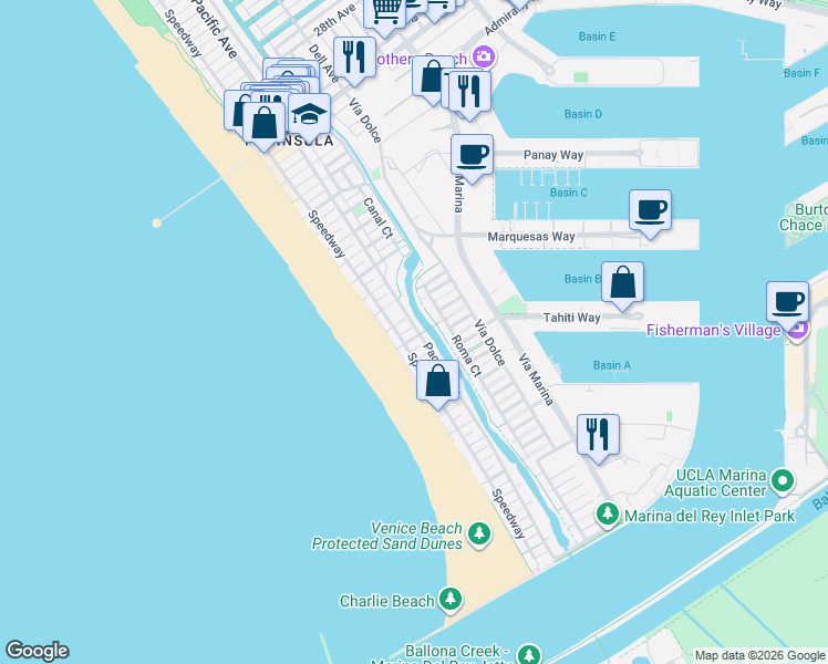 map of restaurants, bars, coffee shops, grocery stores, and more near 29 Lighthouse Street in Marina del Rey