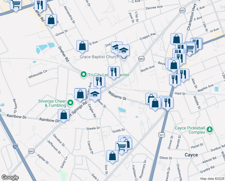 map of restaurants, bars, coffee shops, grocery stores, and more near 1903 Platt Springs Road in West Columbia