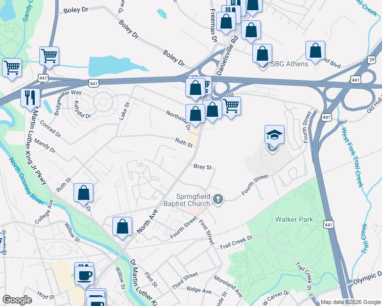 map of restaurants, bars, coffee shops, grocery stores, and more near 285 North Avenue in Athens