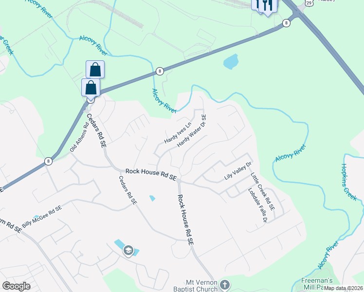 map of restaurants, bars, coffee shops, grocery stores, and more near 439 Hardy Water Drive Southeast in Lawrenceville
