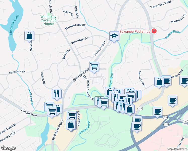 map of restaurants, bars, coffee shops, grocery stores, and more near 1101 Holland Rose Drive in Lawrenceville