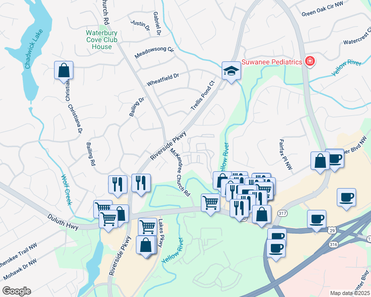 map of restaurants, bars, coffee shops, grocery stores, and more near 6107 Holland Place in Lawrenceville