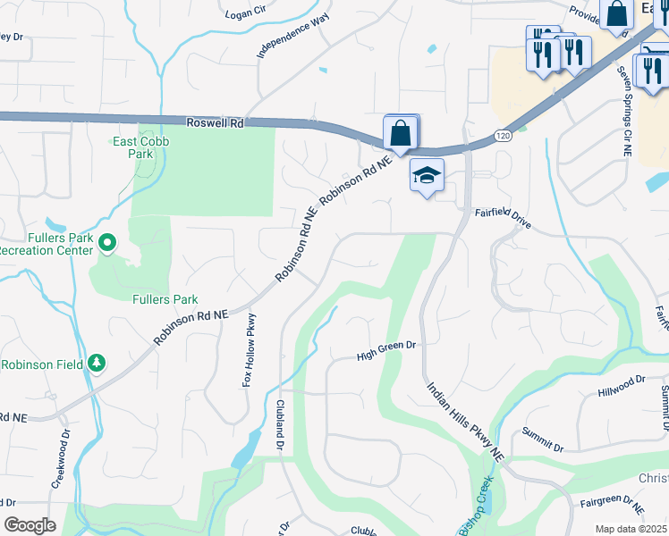 map of restaurants, bars, coffee shops, grocery stores, and more near 3467 Clubland Drive in Marietta