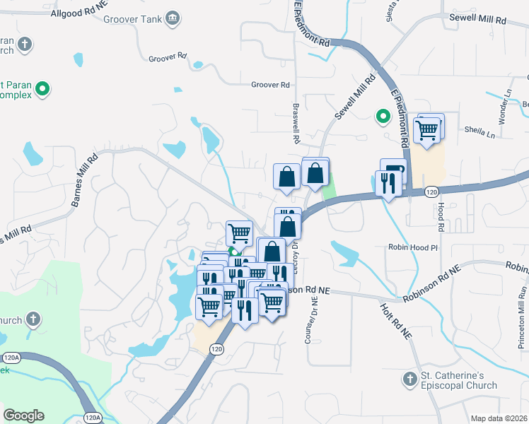 map of restaurants, bars, coffee shops, grocery stores, and more near 882 Halston Court in Marietta