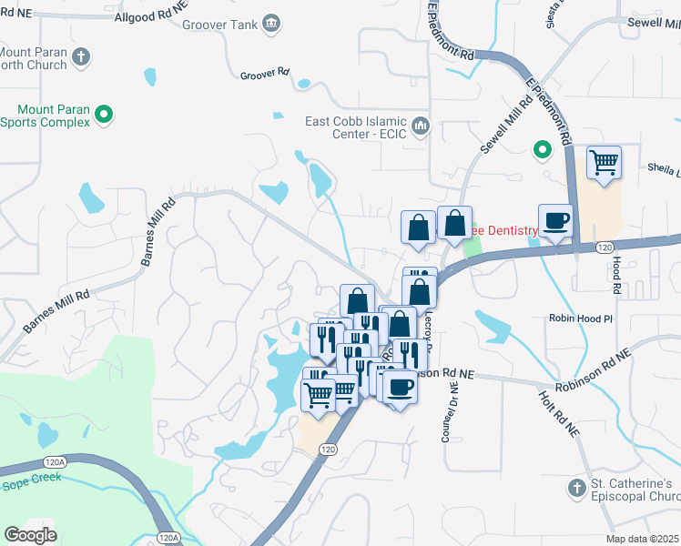 map of restaurants, bars, coffee shops, grocery stores, and more near 1960 Barnes Mill Road in Marietta