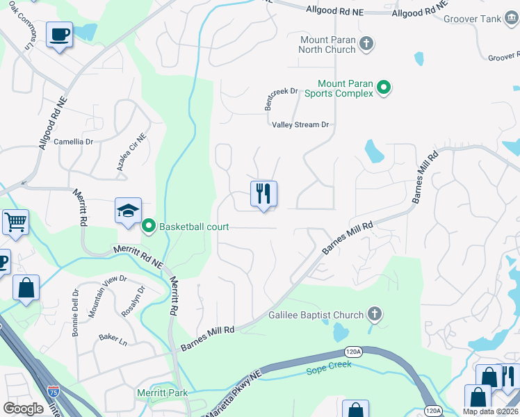 map of restaurants, bars, coffee shops, grocery stores, and more near 994 Soaring Way Northeast in Marietta