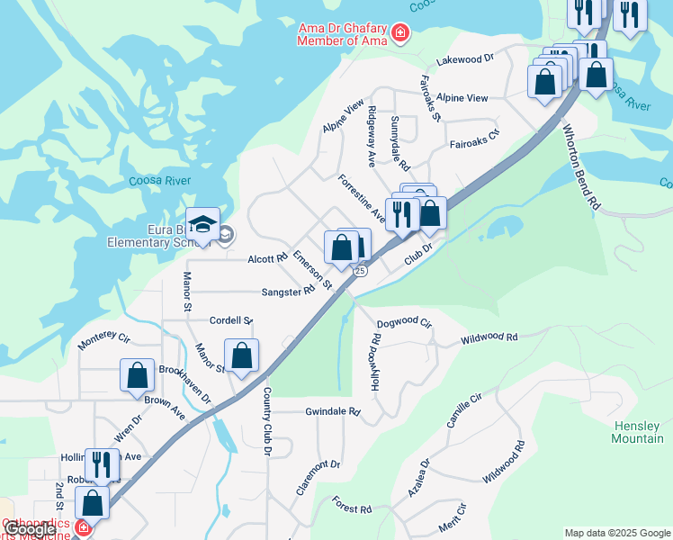 map of restaurants, bars, coffee shops, grocery stores, and more near 1113 Sangster Road in Gadsden