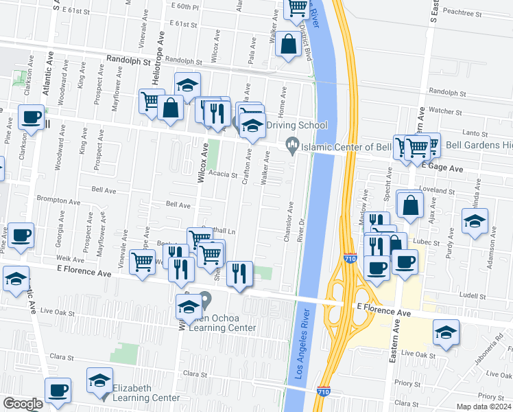 map of restaurants, bars, coffee shops, grocery stores, and more near 6719 Walker Avenue in Bell