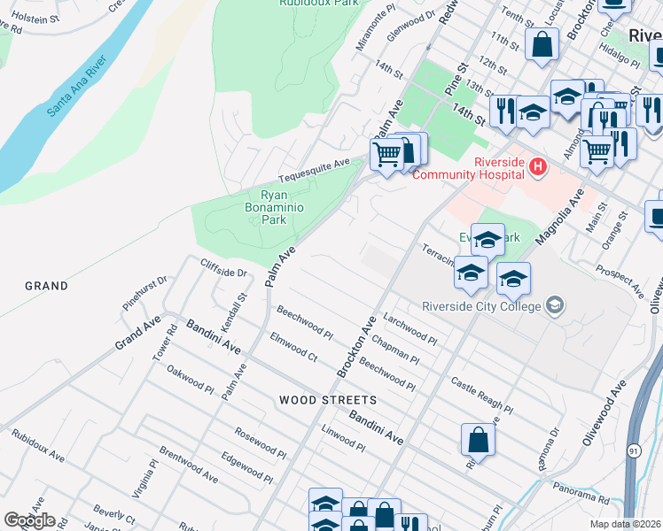 map of restaurants, bars, coffee shops, grocery stores, and more near 4351 Ramona Drive in Riverside