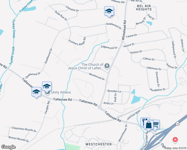 map of restaurants, bars, coffee shops, grocery stores, and more near 148 Westwood Drive in Athens