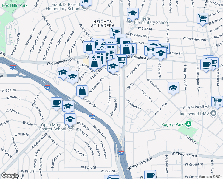 map of restaurants, bars, coffee shops, grocery stores, and more near 7019 Ramsgate Avenue in Los Angeles