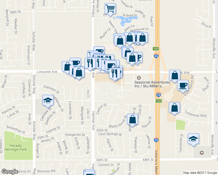 map of restaurants, bars, coffee shops, grocery stores, and more near 12500 Palmeria Lane in Eastvale