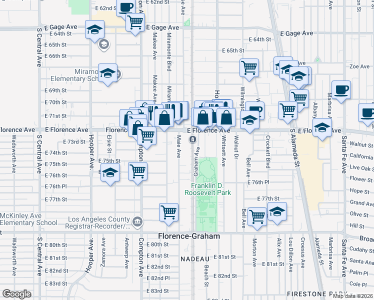 map of restaurants, bars, coffee shops, grocery stores, and more near 7322 Maie Avenue in Los Angeles