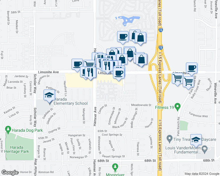 map of restaurants, bars, coffee shops, grocery stores, and more near 6297 Montedor Lane in Eastvale